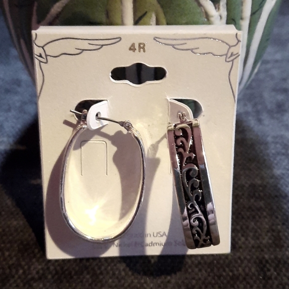 Silver Oval Hoop Earrings Black Filigree Design Designer Look New - Picture 3 of 4